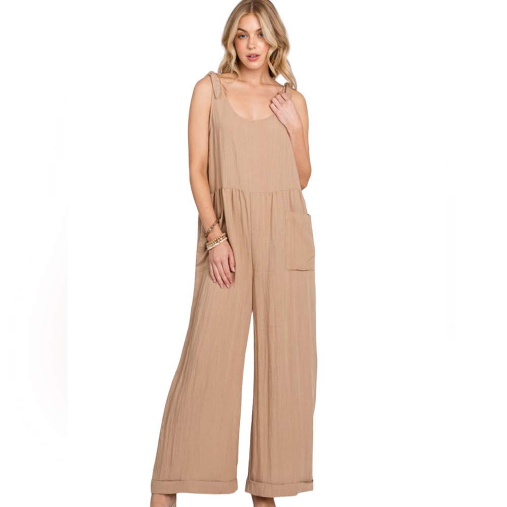 80. Women’s Tan Front Pockets Roll-Up Wide Leg Jumpsuit NWT